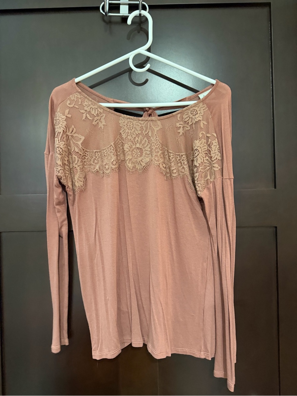Buckle Lace Yoke Long Sleeve Top - Dusty Rose